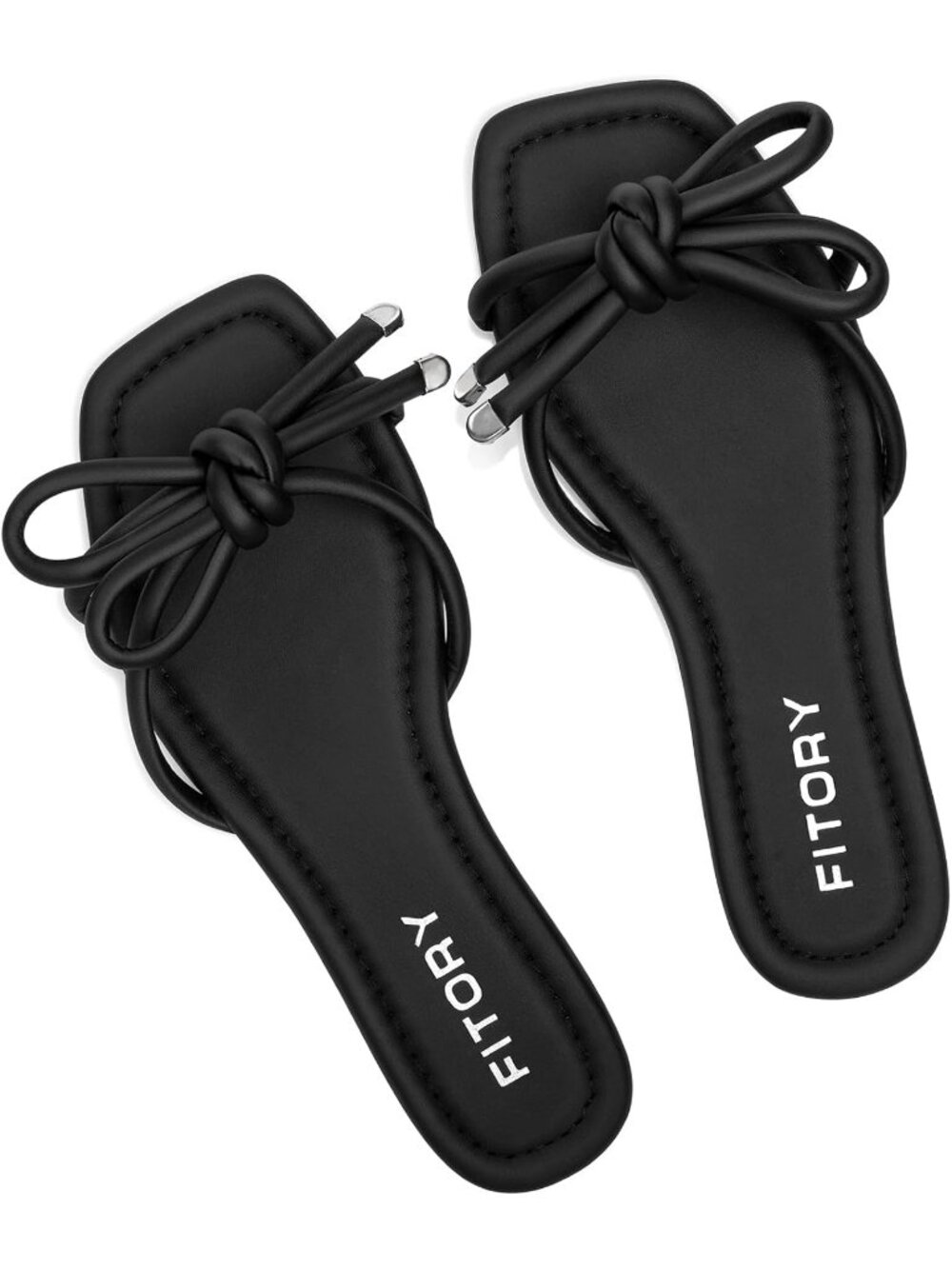 🆕Women's All Black Flat Sandals Square Open Toe Slide with Cute Knot for Casual